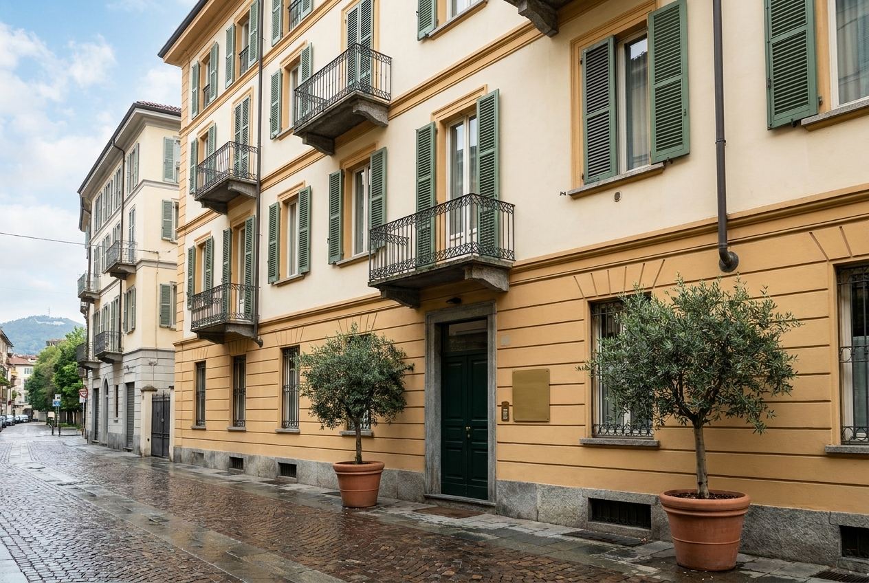 The cream and ochre facade of Hotel Alberto on a quiet Torino street